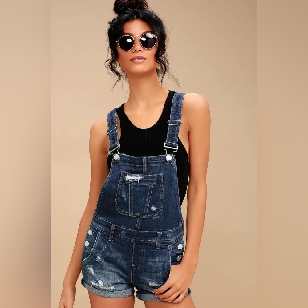BLANKNYC Alter Ego Dark Wash Distressed Short Overalls